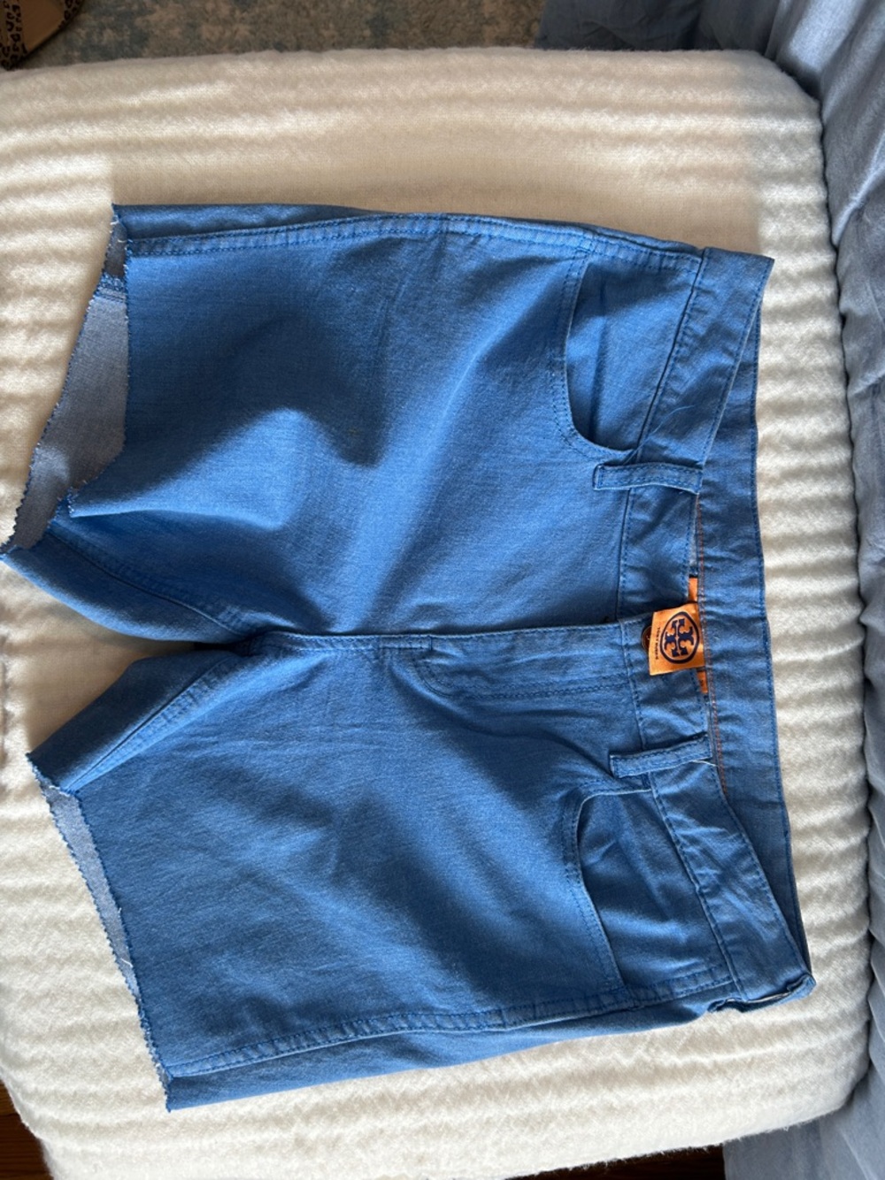 Tory Burch Medium Blue Denim Cutoff Shorts with Orange Logo Patch